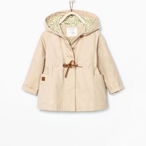 Zara Baby Girl Beigefloral Lined  Hooded Trench Jacket Size 2/3